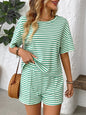 Striped Round Neck Short Sleeve Top and Shorts Set Green S