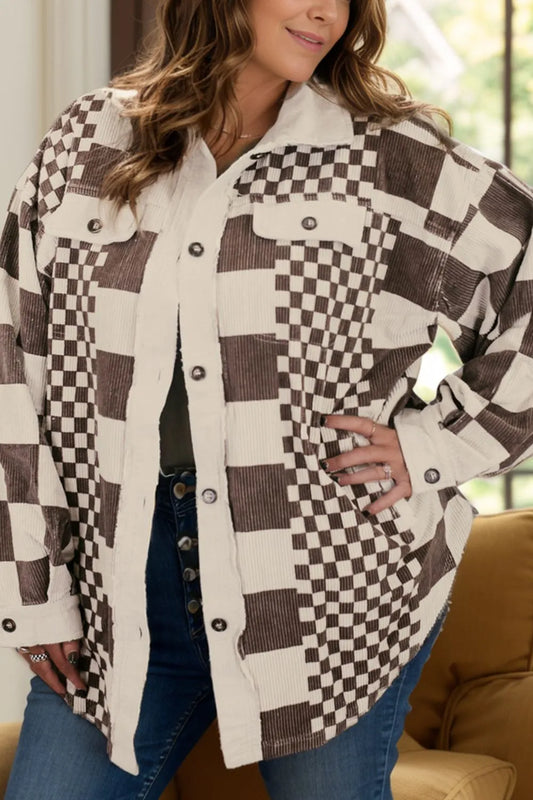 Plus Size Checkered Button Up Long Sleeve Jacket Chocolate 1XL
