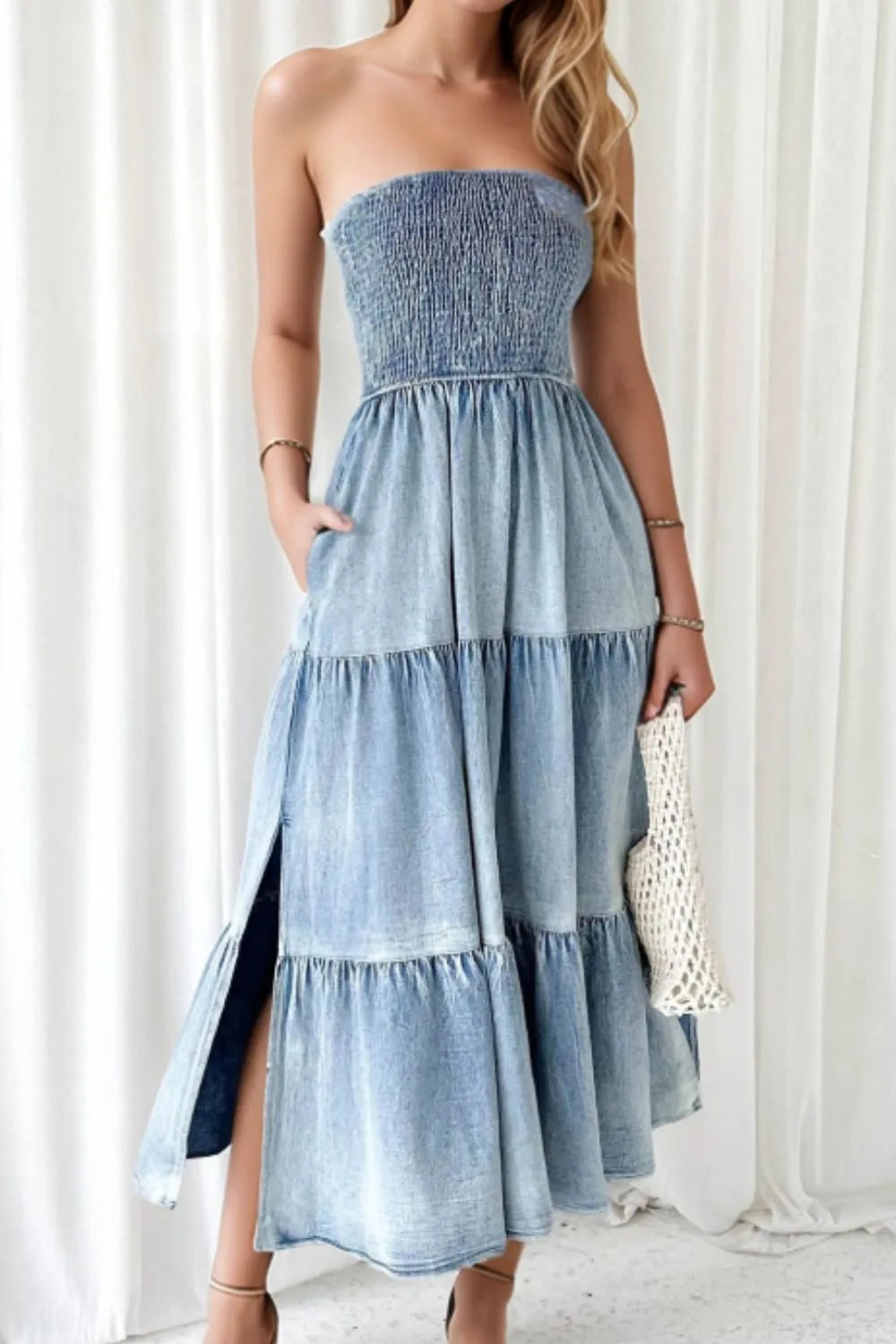 Smocked Tube Slit Tiered Denim Dress Light Blue XL