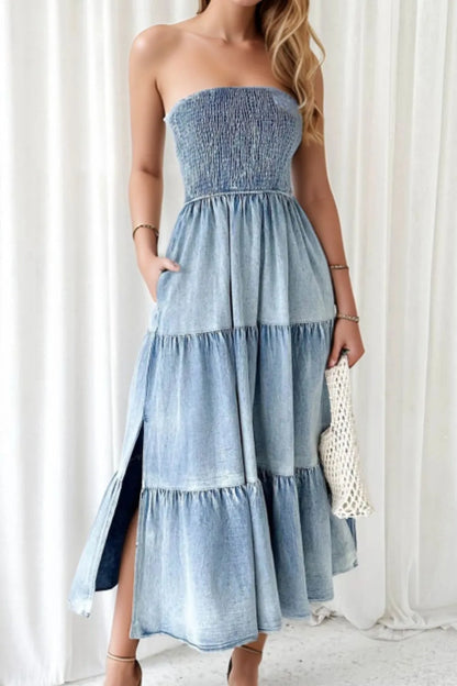 Smocked Tube Slit Tiered Denim Dress Light Blue XL