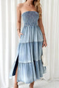 Smocked Tube Slit Tiered Denim Dress Light Blue XL
