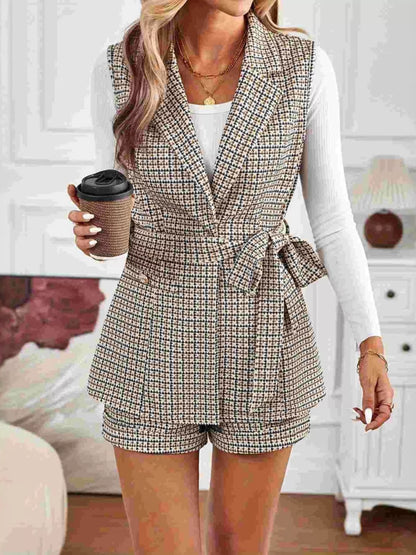 Houndstooth Lapel Collar Vest Coat and Shorts Set
