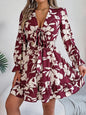 Tied Ruffled Printed Long Sleeve Dress Burgundy M