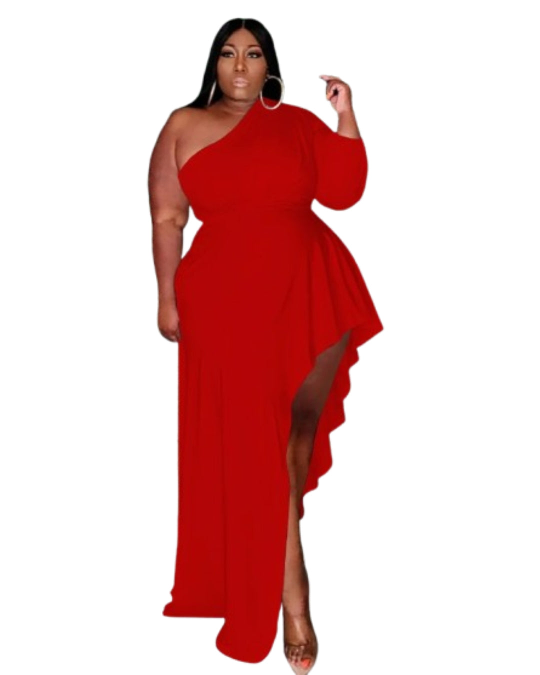 Plus Size One Shoulder Ruffle Dress Red XL 