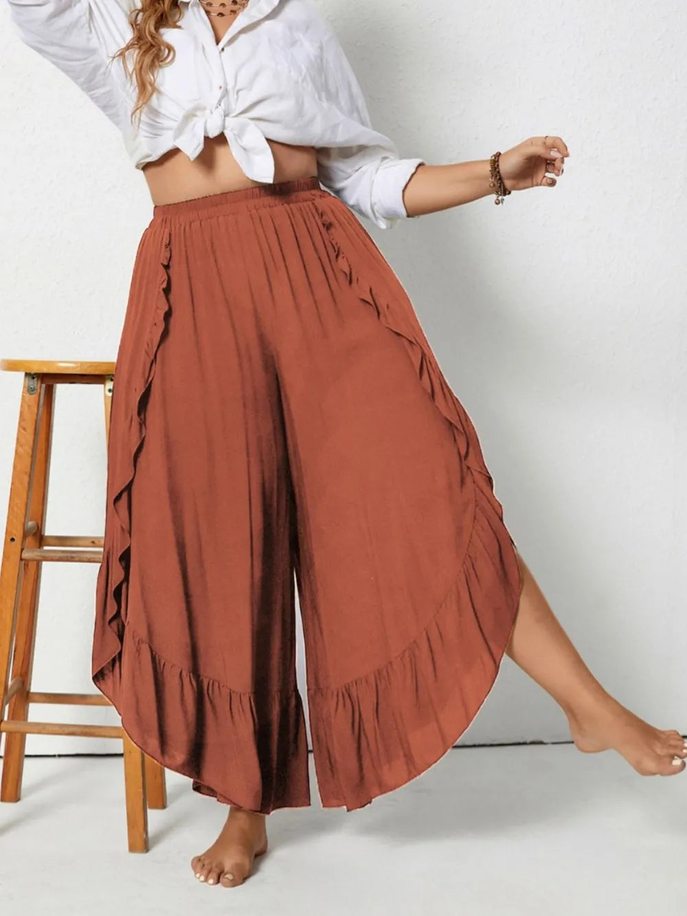 Plus Size Ruffled Wide Leg Pants Terracotta 0XL