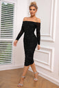 Long Sleeve Off-Shoulder Ruched Dress Black XS