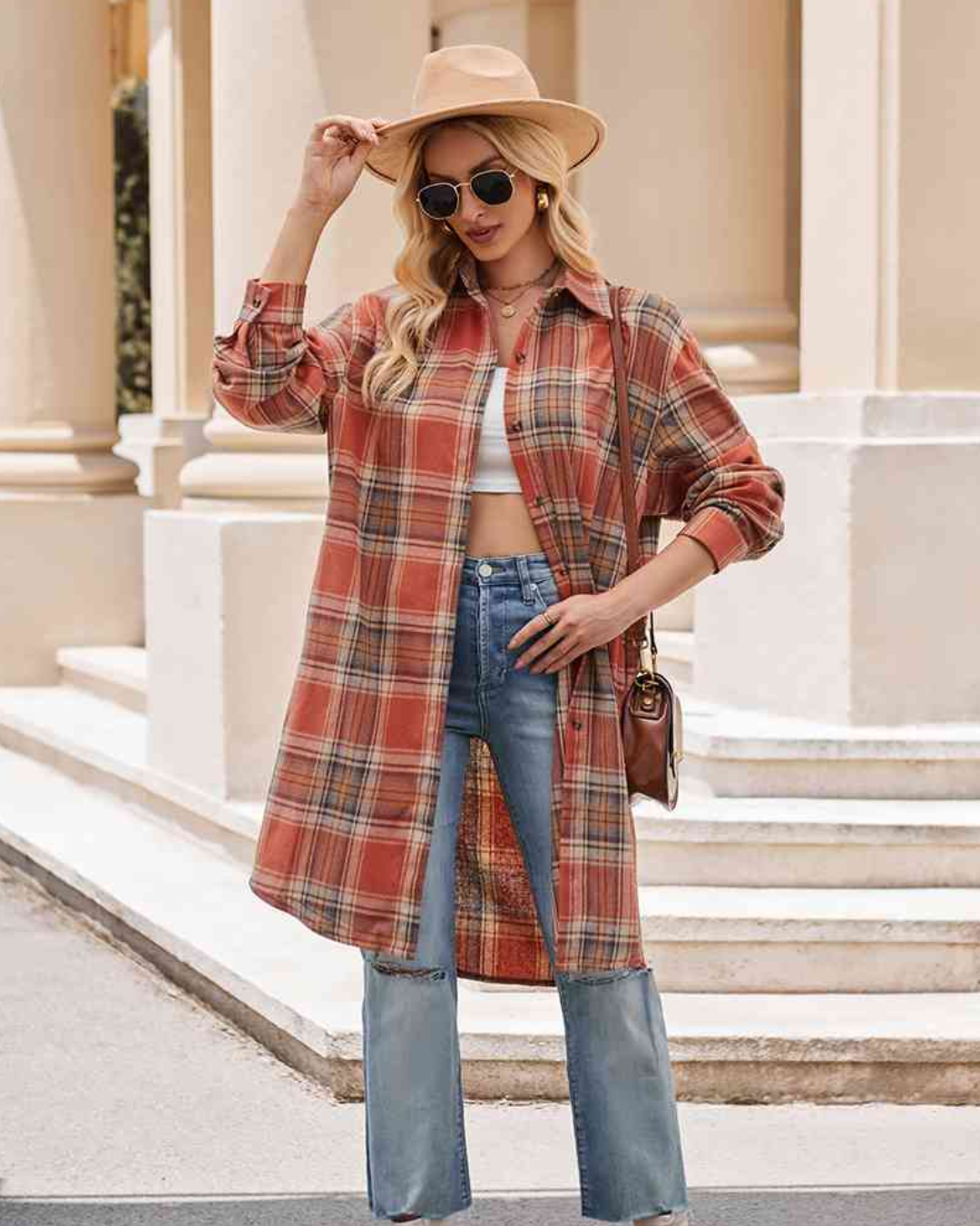 Plaid Collared Neck Long Sleeve Coat   