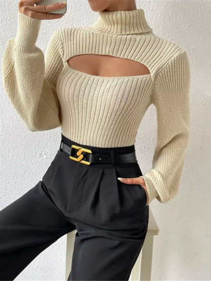 Cutout Front Turtleneck Long Sleeve Sweater Beige S