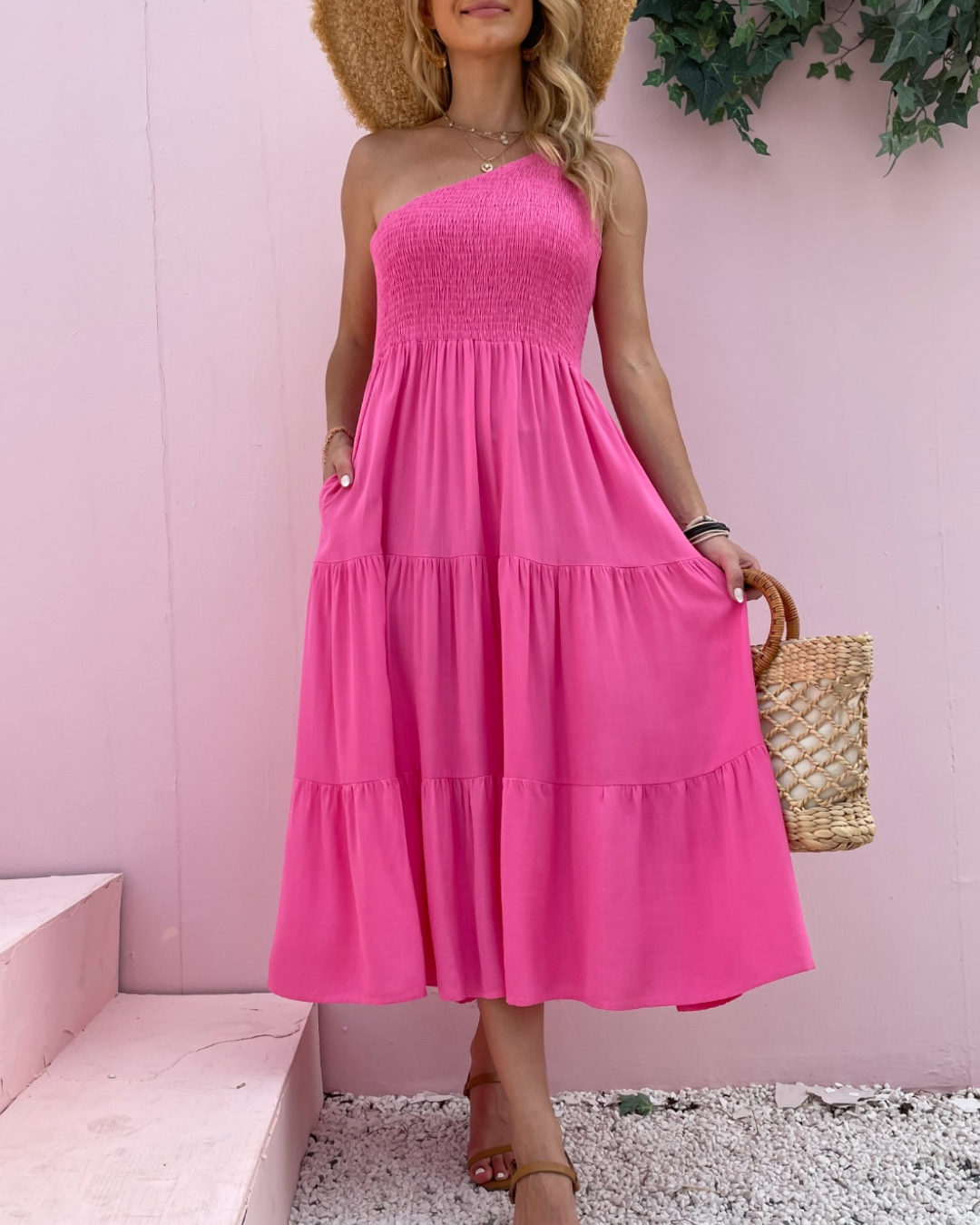 Smocked Single Shoulder Sleeveless Dress   