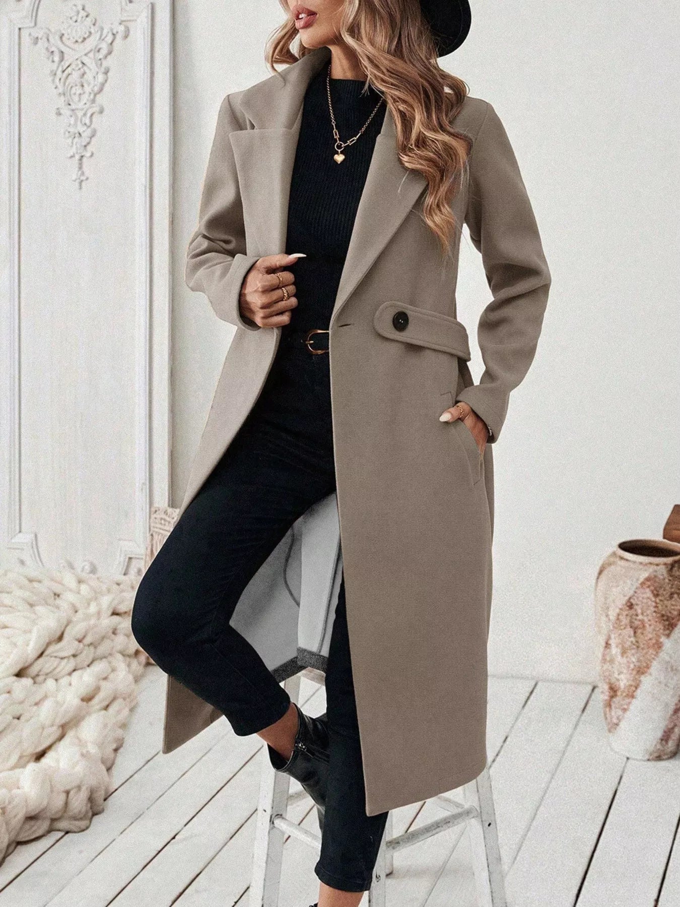 One Button Wool Blend Overcoat