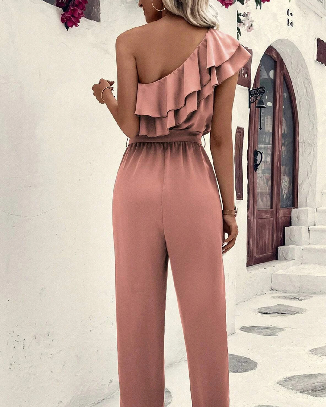 Dusty Pink Ruffle Trim Belted Jumpsuit   