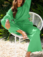 Drop Shoulder Puff Sleeve Crop Top and Drawstring Wide Leg Pants Set Green S
