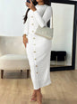 Textured Long Sleeve Midi Dress White S
