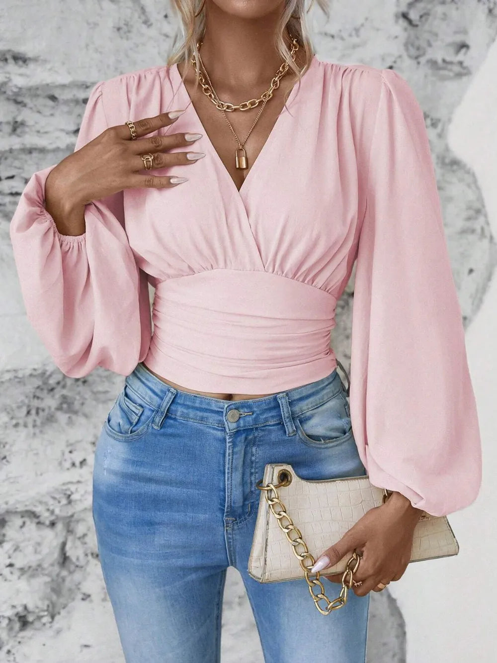 Smocked Surplice Balloon Sleeve Top Blush Pink S