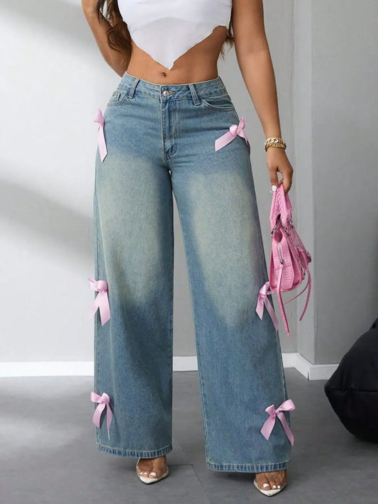 Bow High Rise Wide Leg Jeans Medium L