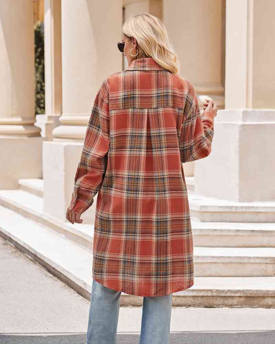 Plaid Collared Neck Long Sleeve Coat   