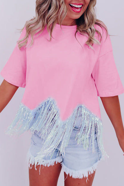 Pink Fringed Sequin Crop T-shirt Pink S 95%Cotton+5%Polyester