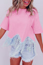 Pink Fringed Sequin Crop T-shirt Pink S 95%Cotton+5%Polyester
