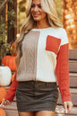 Color Block Round Neck Long Sleeve Sweater Orange S
