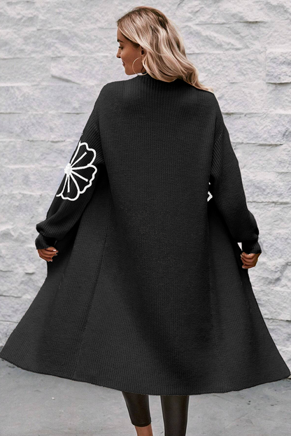 Black Flower Embroidered Drop Shoulder Open Front Duster Cardigan   