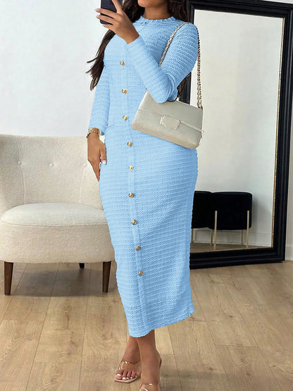 Textured Long Sleeve Midi Dress Blue S