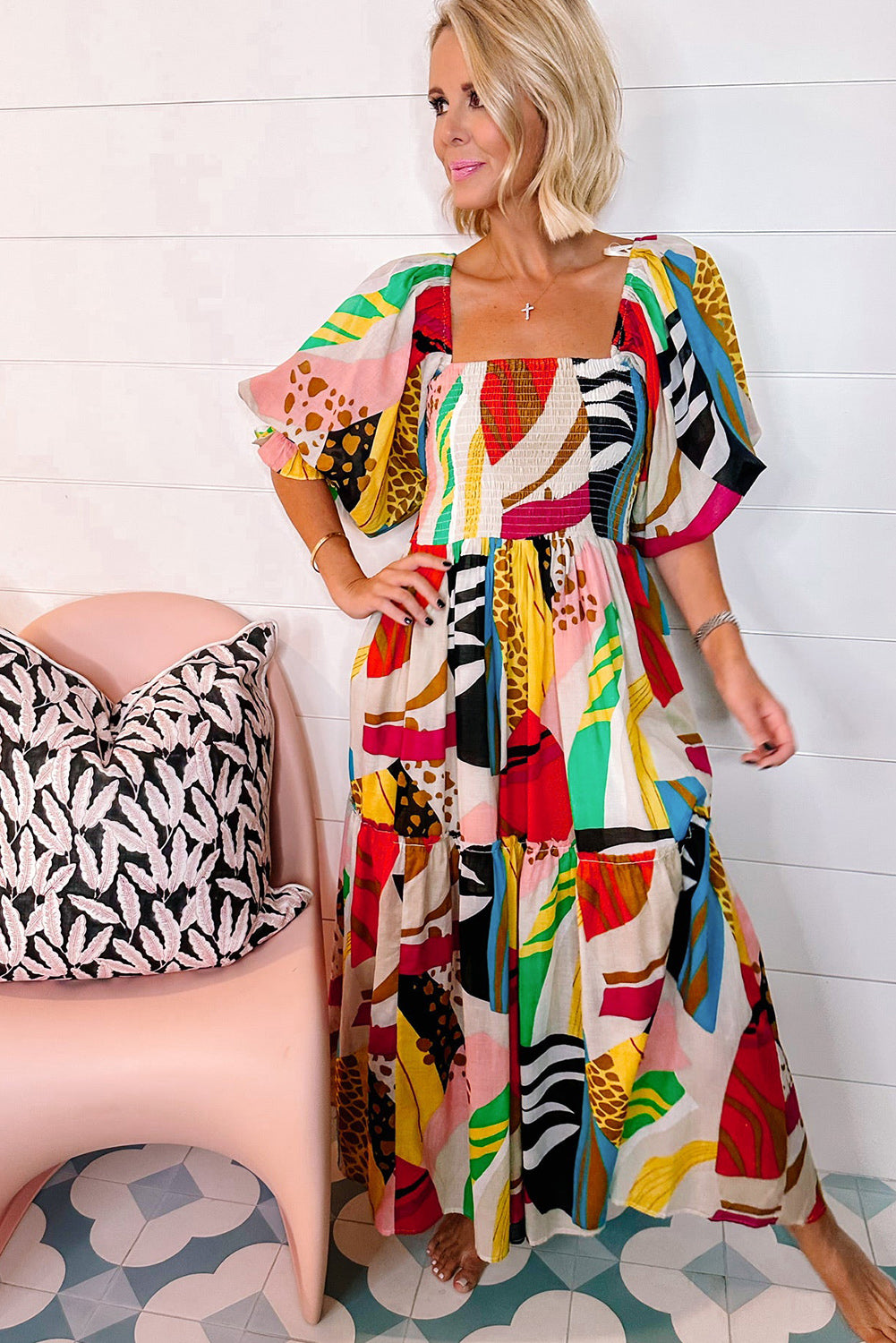 Smocked Abstract Printed Maxi Dress   