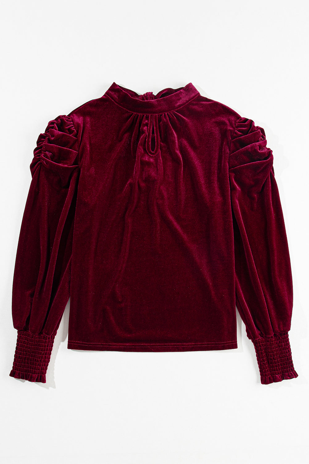 Fiery Red Mock Neck Puff Sleeve Velvet Blouse   