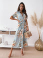 Printed Tie Waist Short Sleeve Midi Shirt Dress Light Teal S