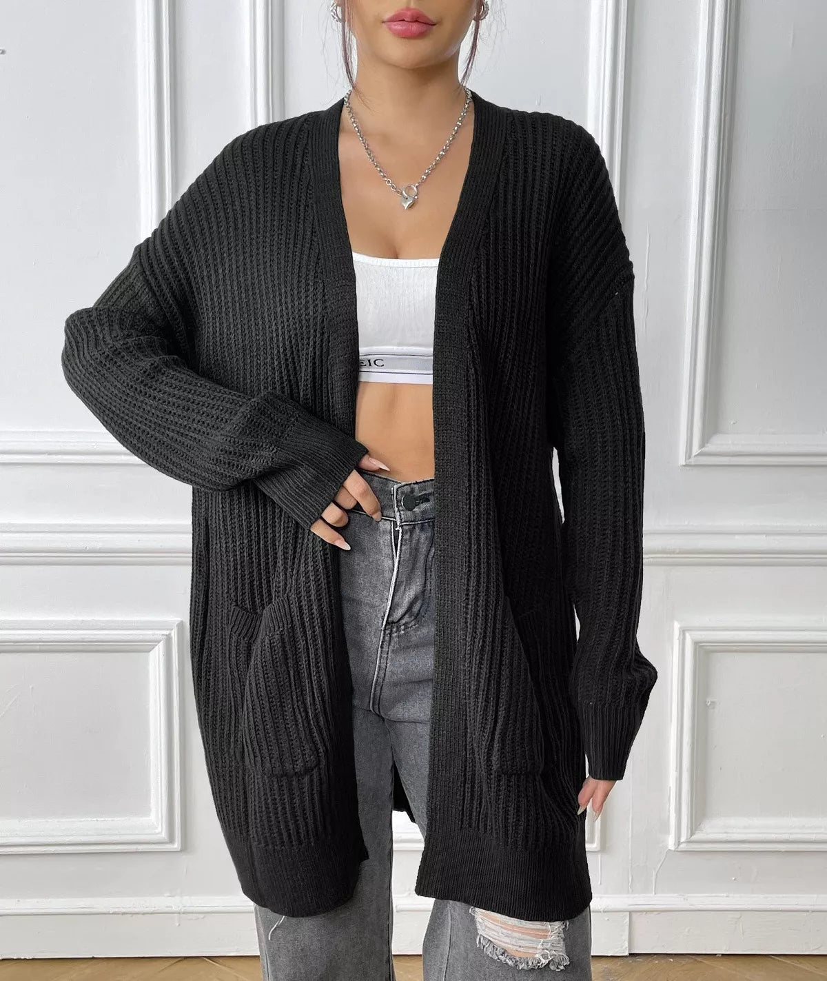 Open Front Drop Shoulder Cardigan