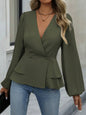 Surplice Balloon Sleeve Blouse Army Green S