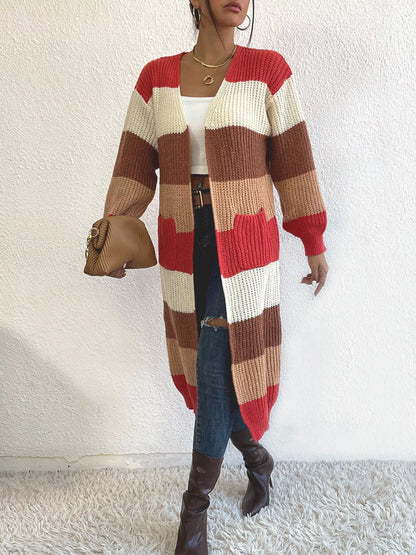 Striped Color Block Open Front Knit Cardigan