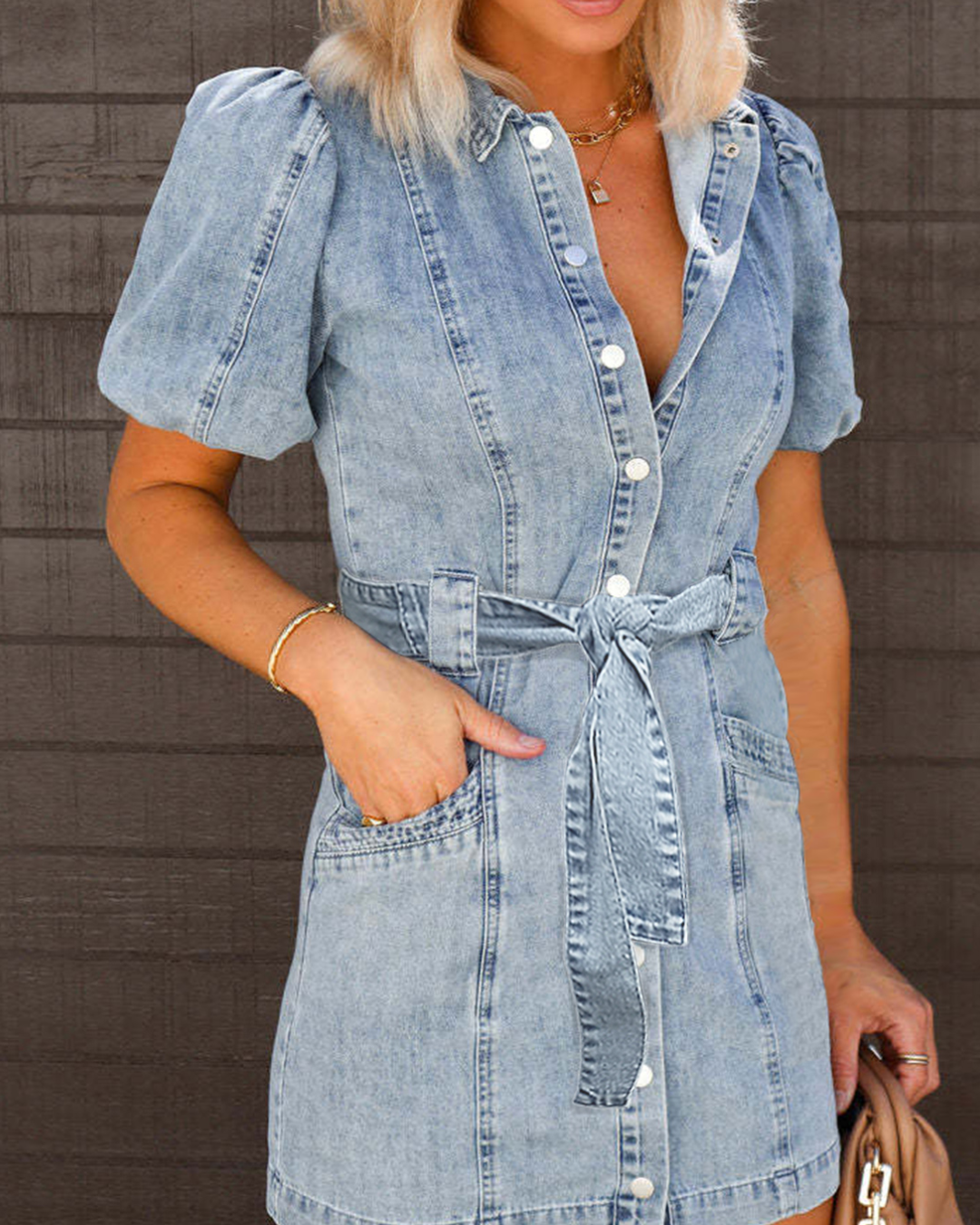 Puff Sleeve Button Up Denim Dress   