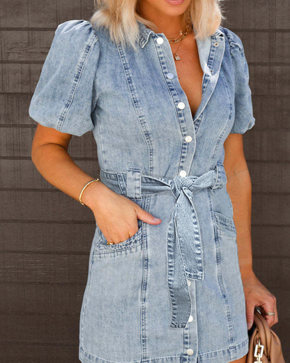Puff Sleeve Button Up Denim Dress   