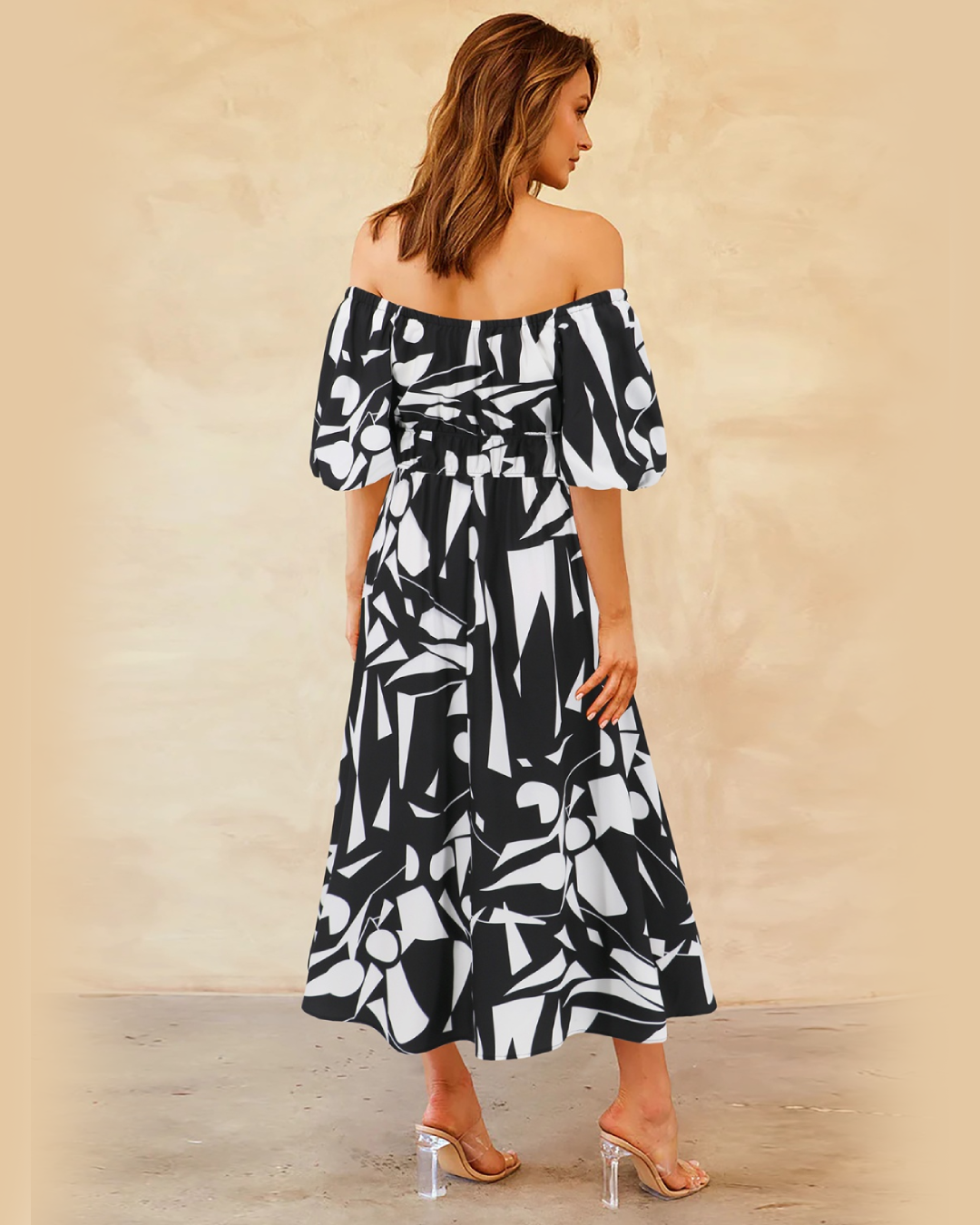 Printed Off-Shoulder Balloon Sleeve Dress   