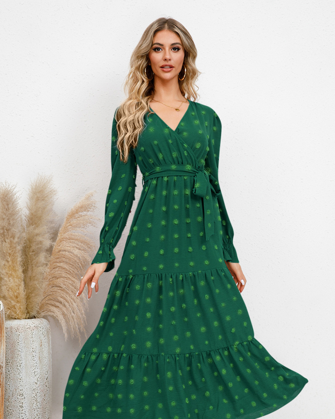 Swiss Dot Tied Surplice Dress Green S 