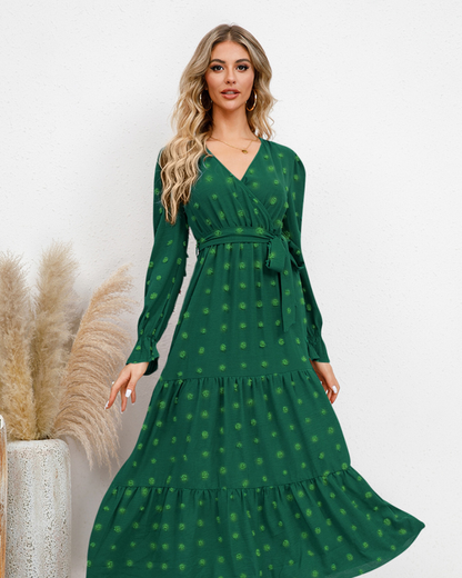 Swiss Dot Tied Surplice Dress Green S 