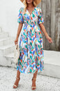Devine Smocked Printed V-Neck Short Sleeve Dress Multicolor S