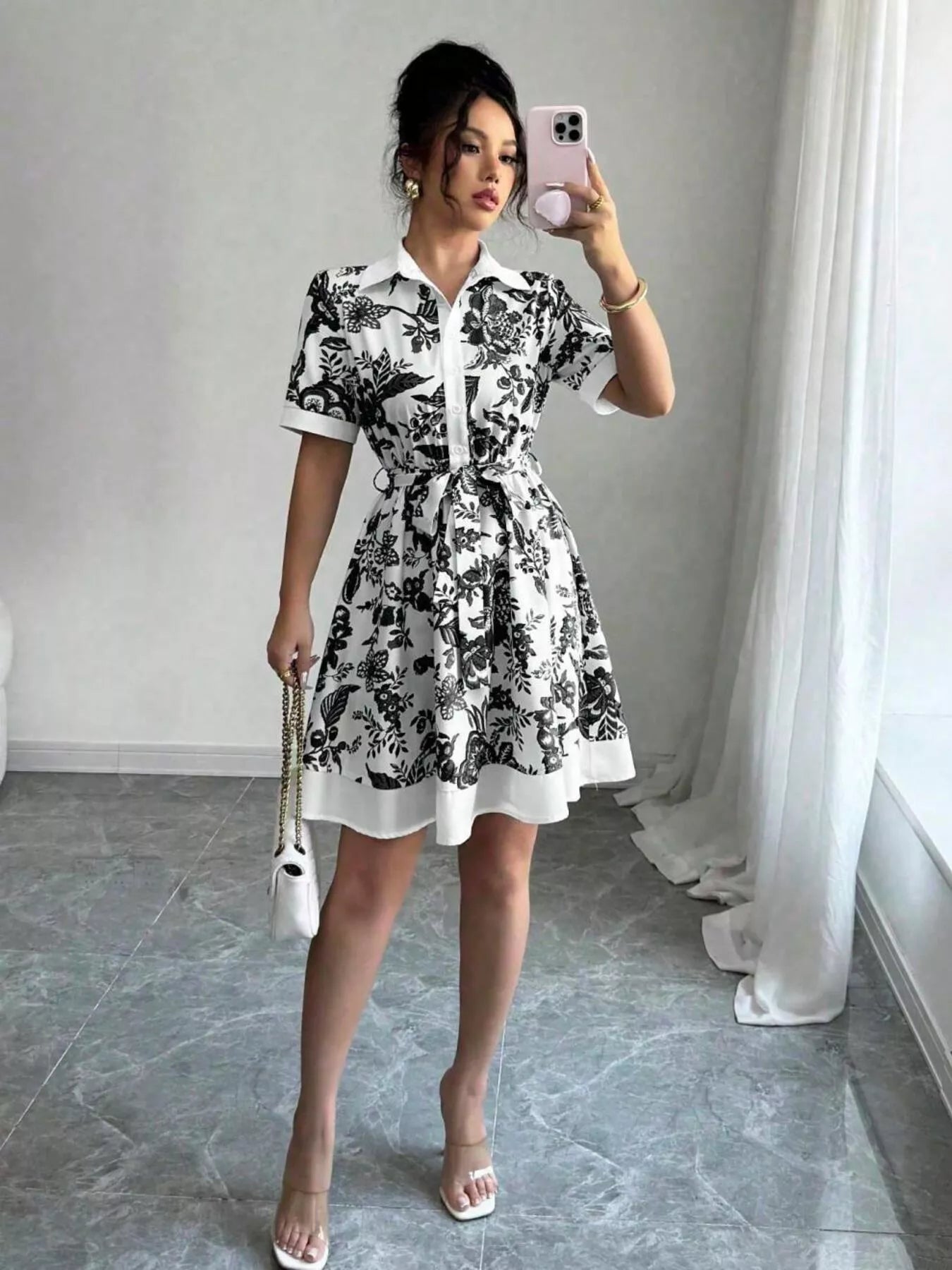 Floral Print Button-Front Shirt Dress Black S
