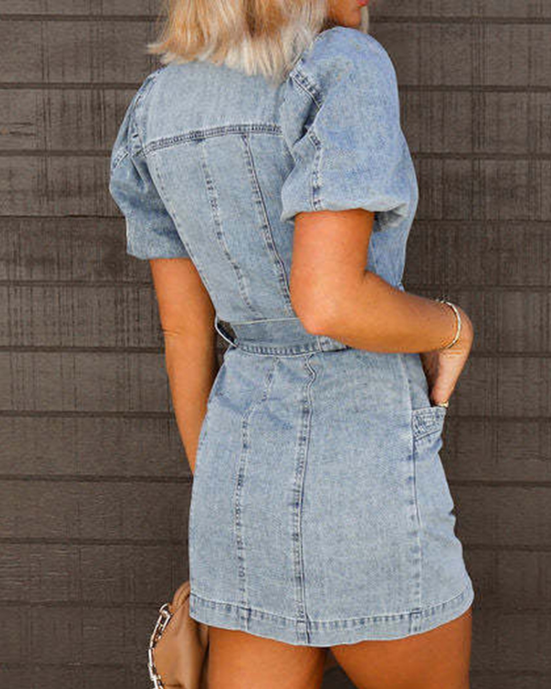 Puff Sleeve Button Up Denim Dress   