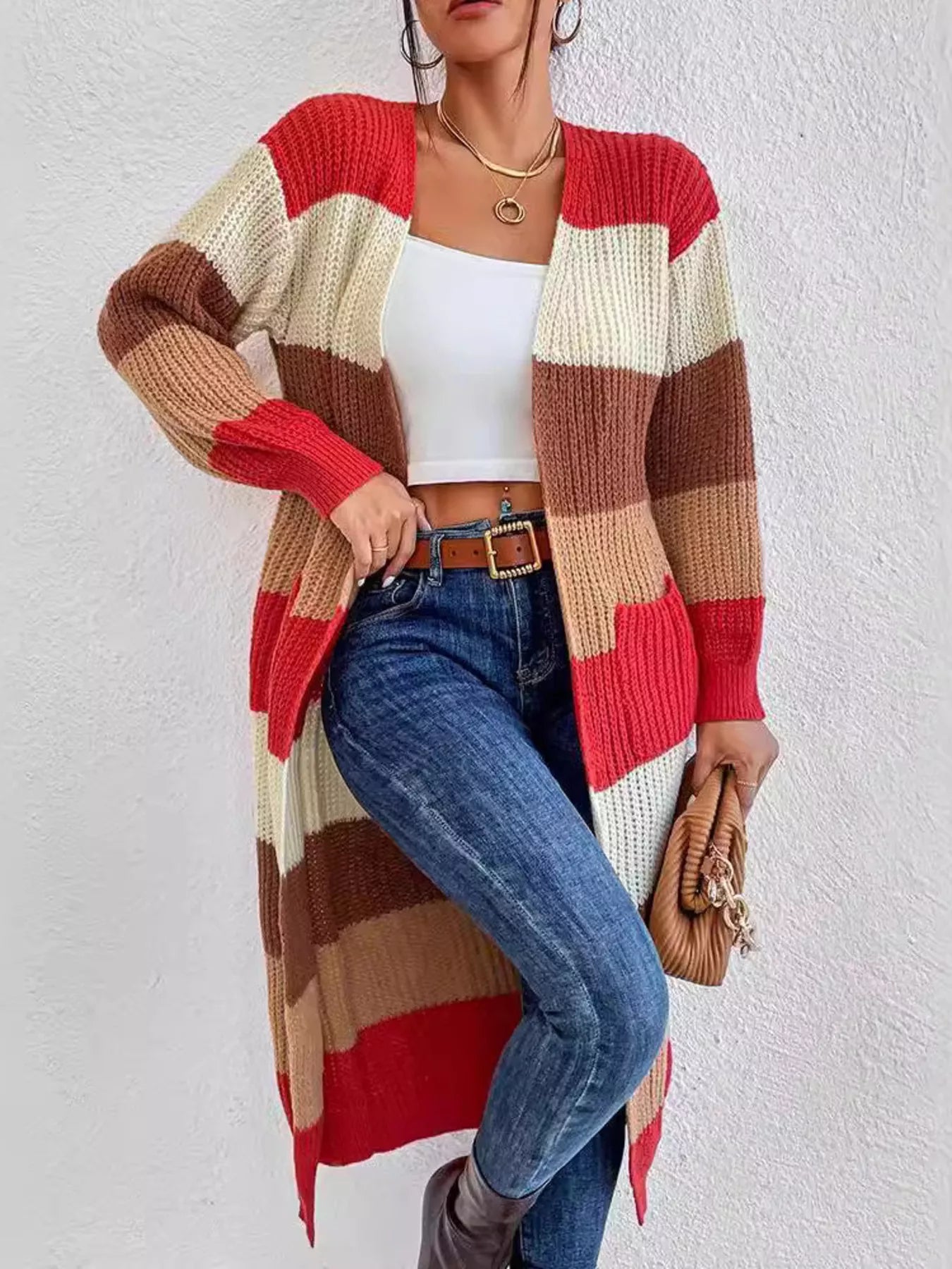 Striped Color Block Open Front Knit Cardigan
