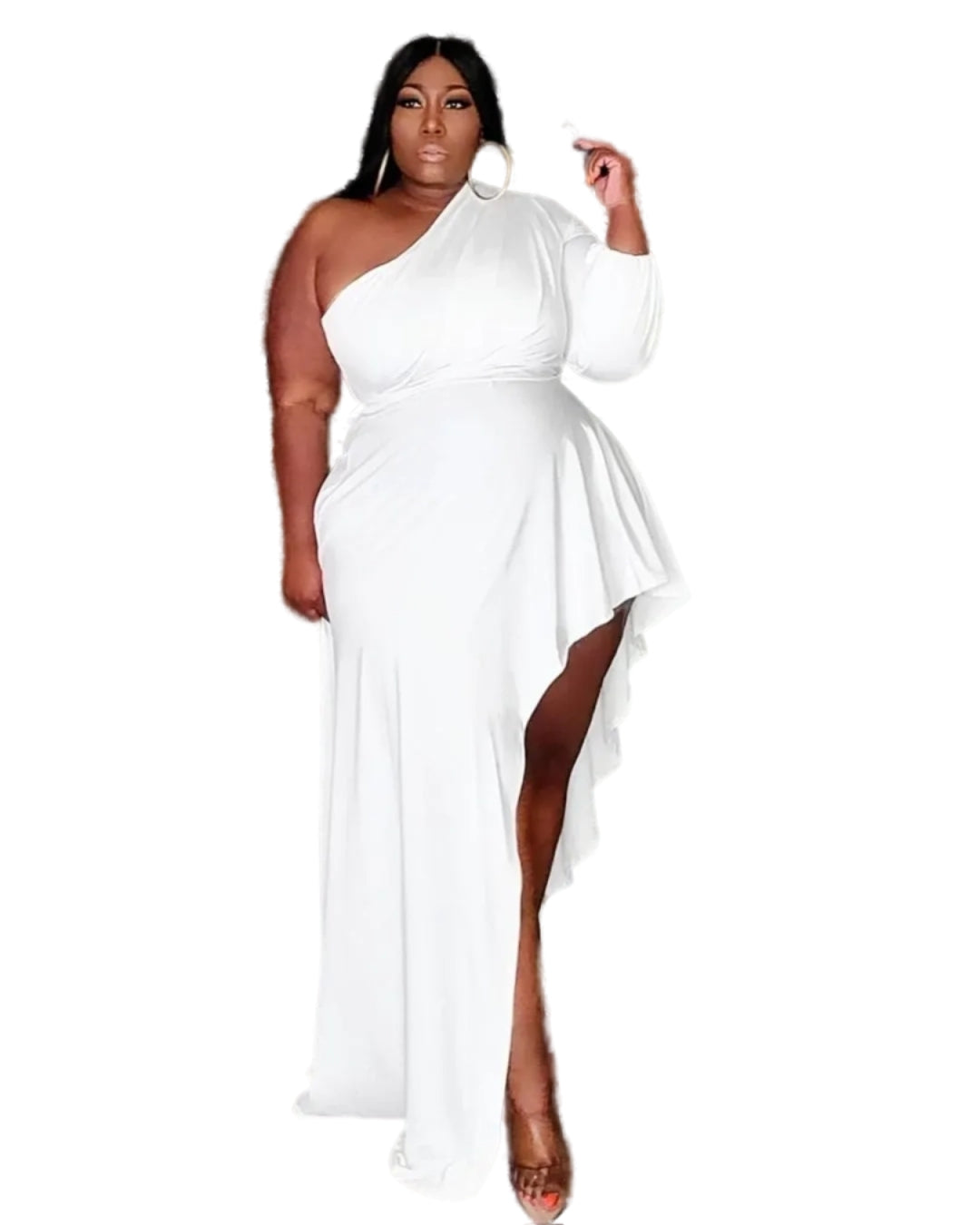 Plus Size One Shoulder Ruffle Dress White XL 