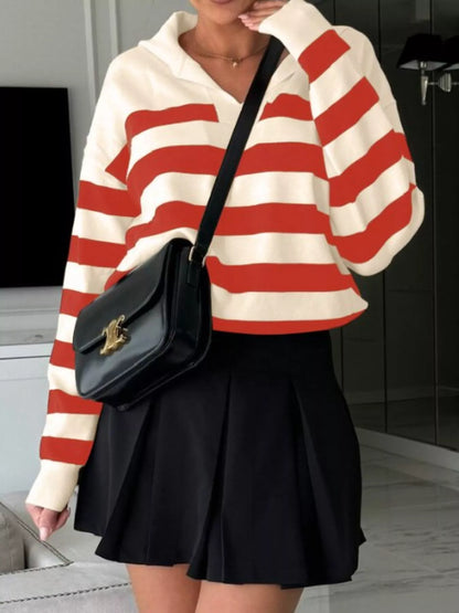 Striped Dropped Shoulder Knit Top Orange S