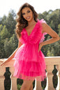Ruffled V-Neck Sleeveless Mesh Dress Strawberry L