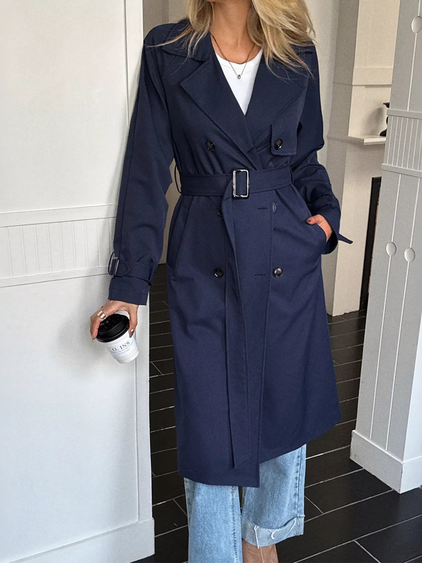 Double-Breasted Belted Trench Coat Dark Blue S