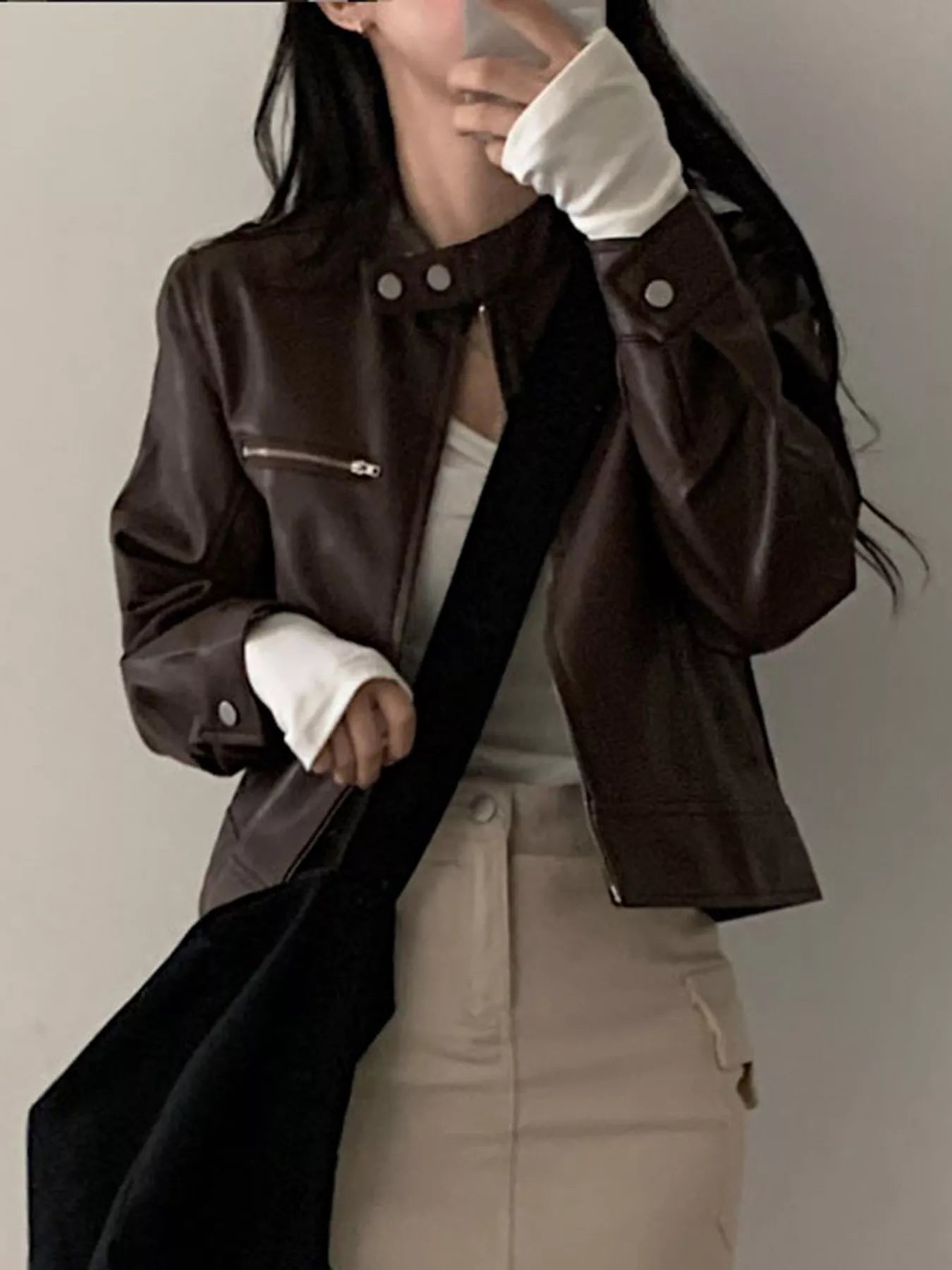 Cropped Zip Up Leather Jacket