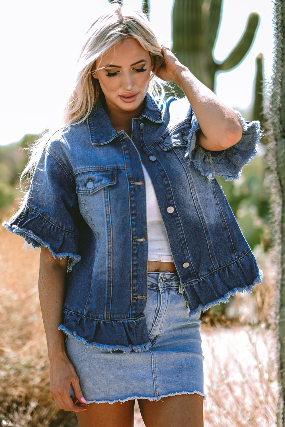 Raw Edge Ruffled Denim Jacket   