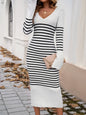 Devine Striped V-Neck Long Sleeve Sweater Dress White S