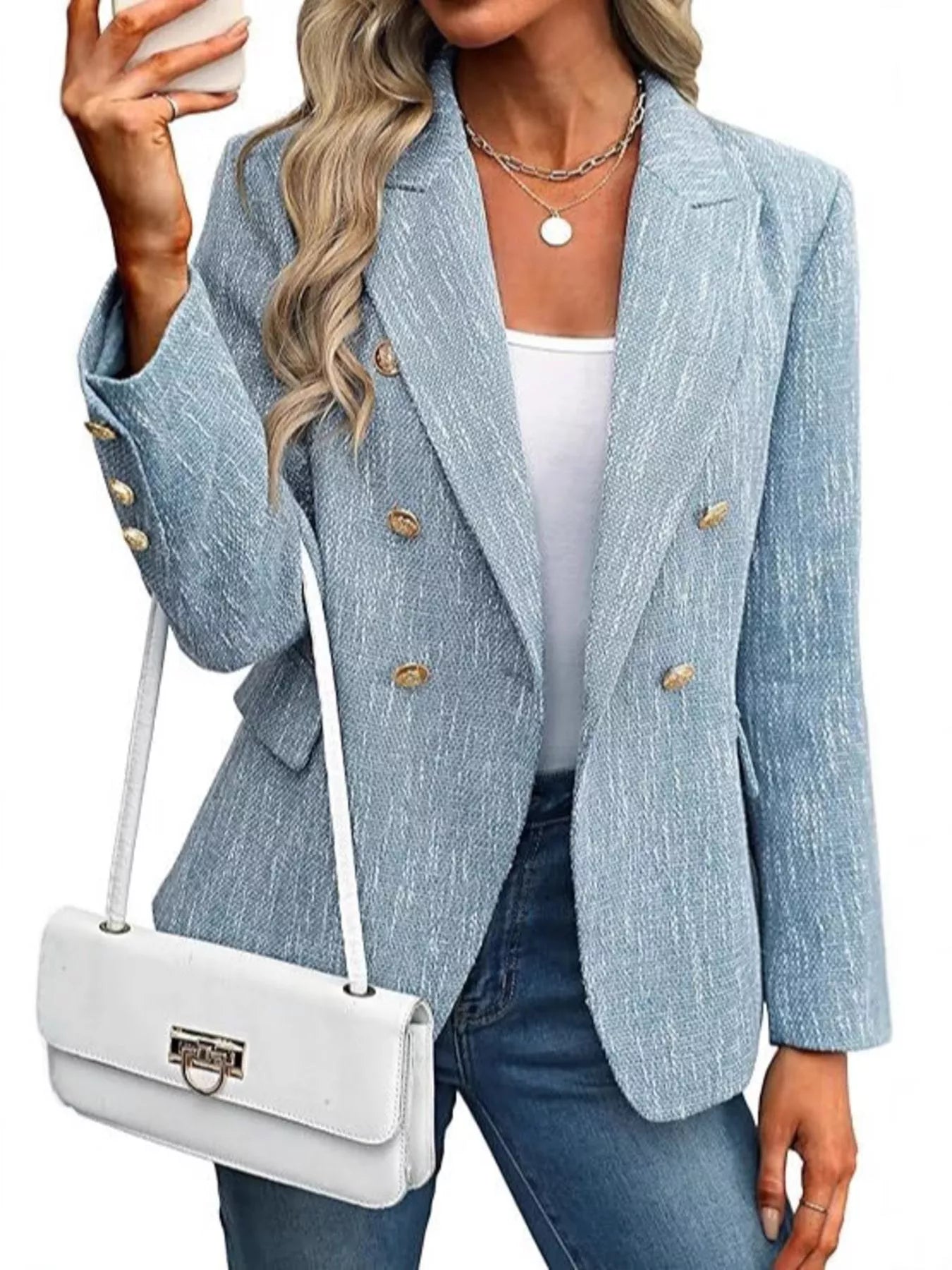 Double-Breasted Lapel Collar Blazer Light Blue S
