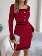 Contrast Trim Long Sleeve Sweater Dress Burgundy S
