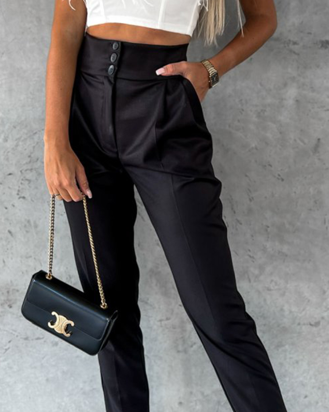 Black Button High Waist Tapered Pants Black 6 90%Polyester+10%Elastane